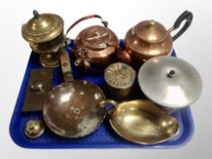 A group of antique and later metal wares, two copper kettles, hammered copper shallow dish,