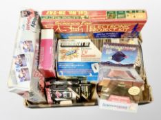 A box of science fair project kit, Melody Madness music game, Prinztronic tournament III TV game,