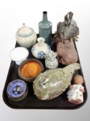 A group of Danish studio pottery wares including figure of a bird, further chicken on plinth,