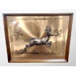 A 1970's copper-effect wall panel depicting a running antelope,