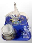A group of Danish glass ware, large fruit bowl, Swan shaped dish, vase,