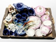 A box of Japanese export tea china, Cornish ceramic coffee set, Italian figures,