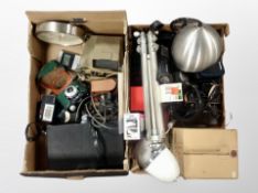 Two boxes of assorted cameras and related equipment, camera tripod, hand held torch,