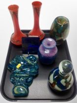 Seven pieces of coloured studio glass including a pair of vases