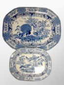 Two early 20th century blue and white meat plates,