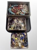 Three boxes of assorted costume jewellery, faux pearls, necklaces, chains,