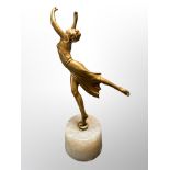 An Art Deco style painted metal and alabaster figure of a dancer,