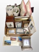 Two boxes of contemporary table lamps, cushions, lady's bags, battery mantle clock,