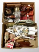 Two boxes of Danish teak coat hangers , glass coffee grinder, kitchenalia, cutlery,