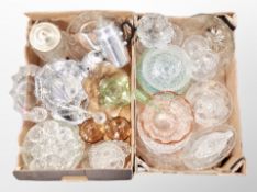 Two boxes of 20th century clear and coloured glass ware, petrol glass dish,