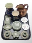 A group of Wedgwood green Jasperware, two Minton pin dishes, Maling jug and vase,