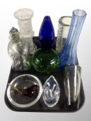 A group of Scandinavian glass ware, decanter with stopper, tall blue glass vase, bird ornament,