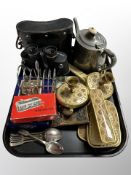A pair of Tento Soviet binoculars, pewter teapot, EPNS toast rack, dressing table set,