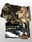 Two boxes of synthetic fur coat, lady's hand bags, pair of gent's leather shoes,