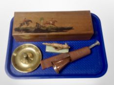 A small group of fox hunting related items, trinket box, ashtray, horn,