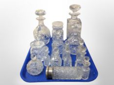 A group of crystal, decanters, dressing table bottles,