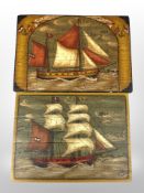 Two nautical style wooden panels depicting ships,