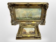 Two prints in heavy gilt gesso frames,