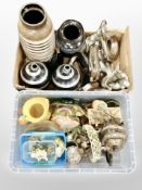 Two boxes of West German pottery vase, contemporary silvered ornaments, Italian figure,