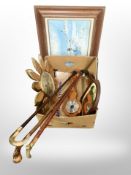 A box of walking sticks, contemporary barometer, flower petal wall clock,