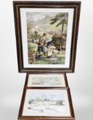 A decorative framed hunting print and a pair of winter landscape watercolours