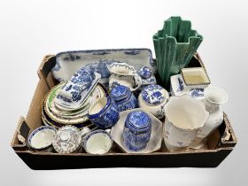 A box of Ringtons blue and white cathedral caddies, willow pattern jars and vase,