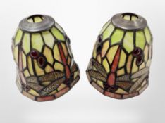A pair of Tiffany style leaded glass light shades decorated with dragon flys,