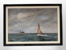 W A Hewson : Fishing boat and steam ship at sea, oil on canvas,