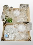 Two boxes of 20th century glass ware, vases, fruit bowls, dressing table pots, trays,