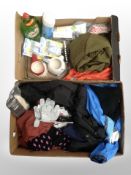 Two boxes of gloves, hats and other clothing, mugs, household sundries,