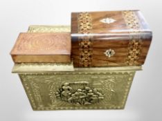 A brass coal box together with a carved sandal wood box and a Victorian inlaid rosewood casket