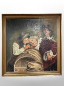 Danish School : Three men drinking from a keg, oil on canvas,