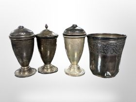Three silver condiments and a further white metal beaker (4)