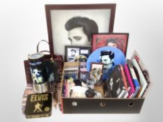 A group of Elvis collectables, CD's, books, figures, portrait print, lamp,