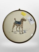 A painting on silk of a terrier by Jeanne Annice Preston,