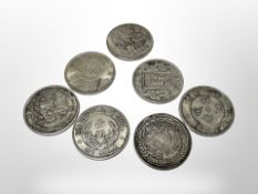 Seven Chinese white metal coins