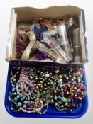 A tray of assorted costume beads, pens, wrist watches,