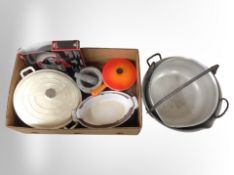 A box of French Cousances enamel pan and casserole dishes, pestle and mortar,