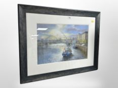 Walter Holmes : Boats on the river Tyne, pastel,