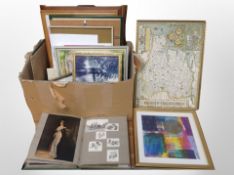 A box of pictures and prints, a map of Cambridge and Suffolk after John Speede,