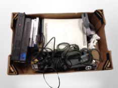 A box of Playstation II unit and games, XBox 360 games, controllers,