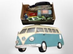 A box of tin plated vehicle models, tin wall plaque in the form of a VW camper van,