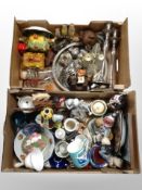 Two boxes of silver plated wares, figures, glass ware, cottage ware teapots, ornaments,