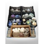 A pallet of seven boxes containing Ringtons blue and white china, Italian pottery vase and jug,