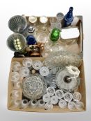 Two boxes of Danish glass ware, vases, drinking glasses, large pineapple storage jar, light fitting,