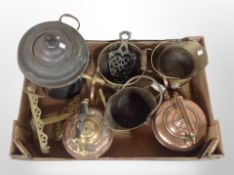A box of 19th century brass and copper wares, kettles,