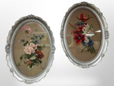 A pair of needlework still life studies in silvered frame,