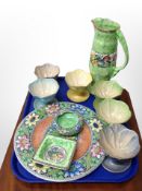A group of Maling lustre ware, set of six sundae dishes, tall vase, plate,