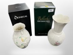 Two boxed Belleek porcelain vases,