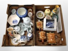 Two boxes of Ringtons blue and white ceramics, cottage ware tea set,